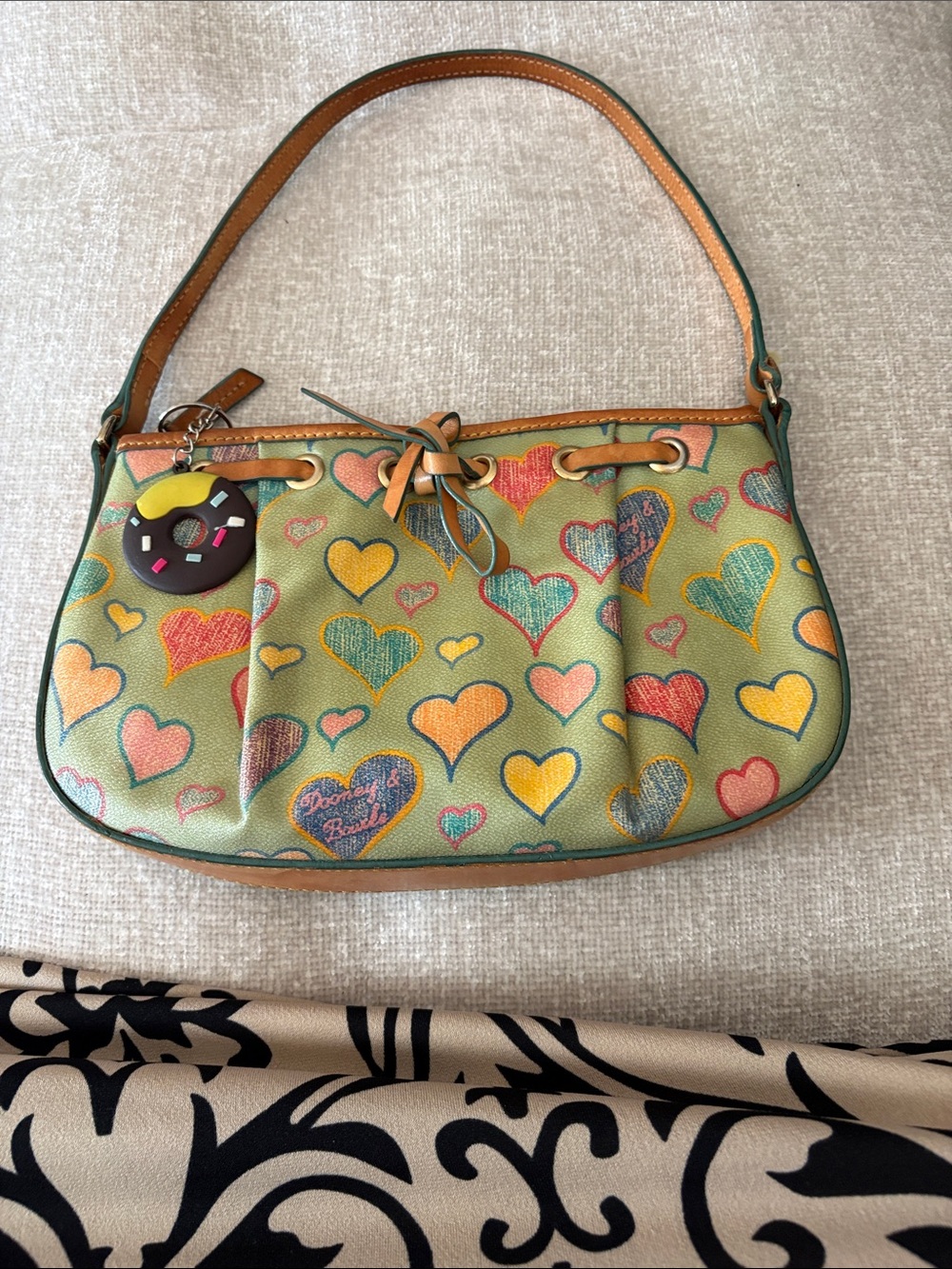 Vintage y2k Doony& Bourke Green Heart-Print Shoulder Bag with Donut Charm